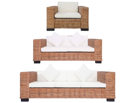 3 Peças Conjunto de Sofás com Almofadões Vime Natural CLIC N BUY (95 x 78 x 67 cm)