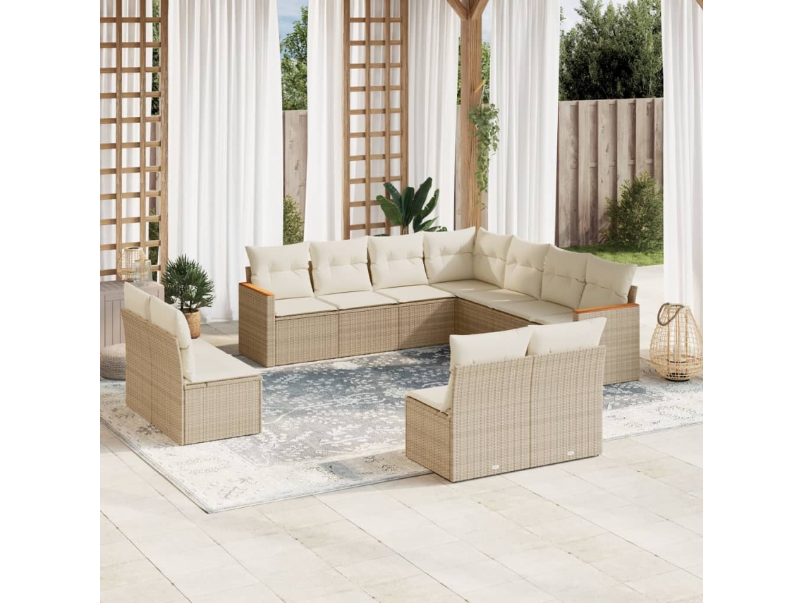 Vidaxl 11 Pcs Conjunto Sofás De Jardim C/ Almofadões Vime Pe Bege