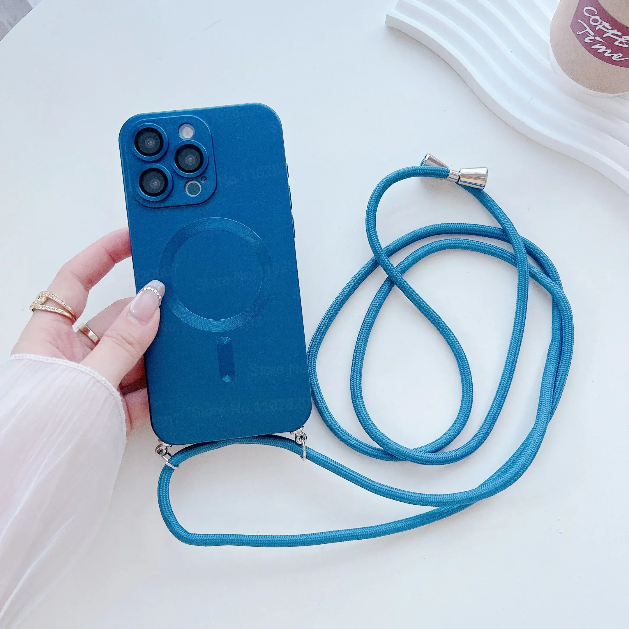 (azul Escuro, Iphone 12) Capa Magnética Para Celular Com Alça Transversal E Cordão Fosco À Prova De Choque.