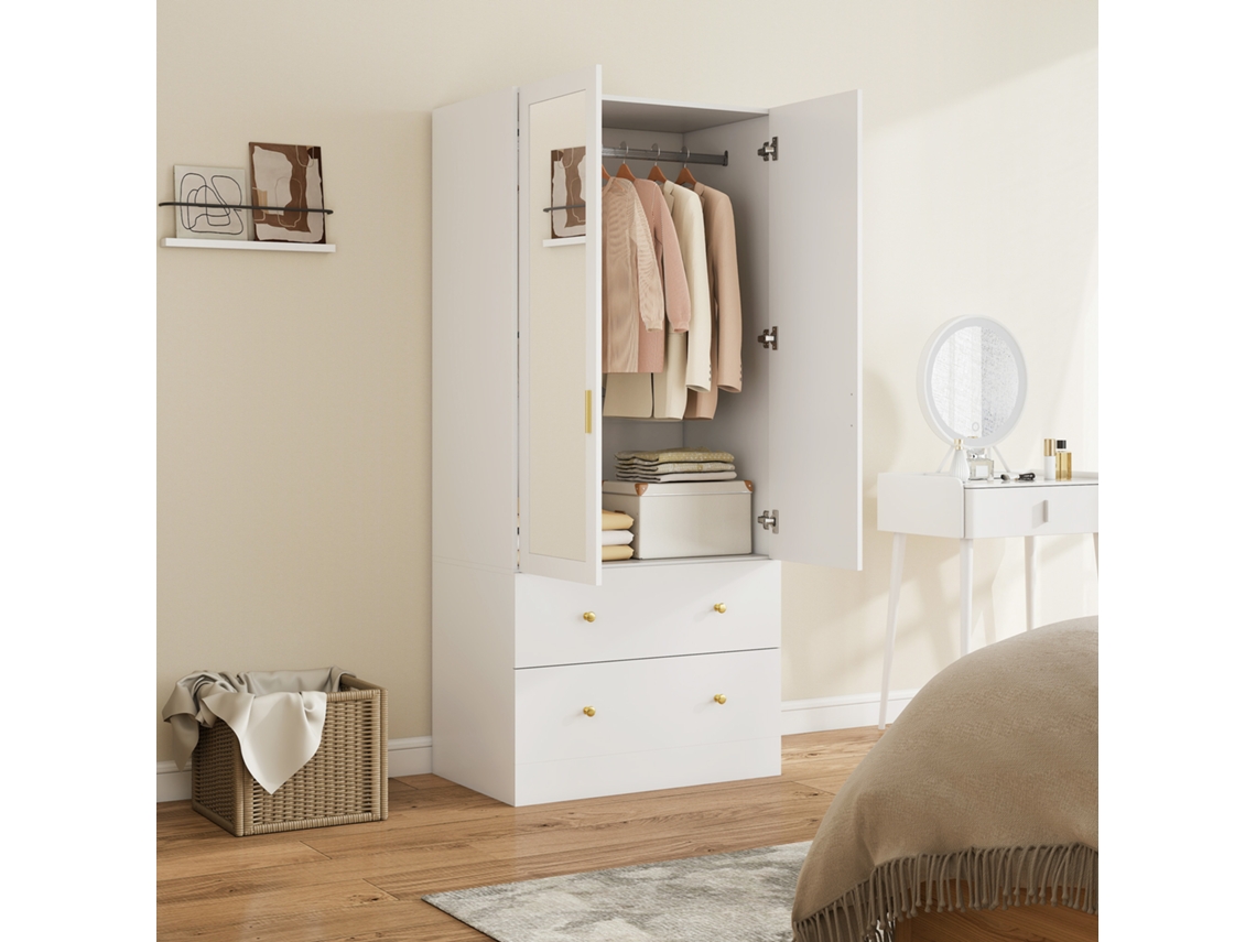 Guarda-roupa Branco 80x50x180 Cm Para Quarto, Com 2 Portas, 2 Gavetas E Barra Com Espelho