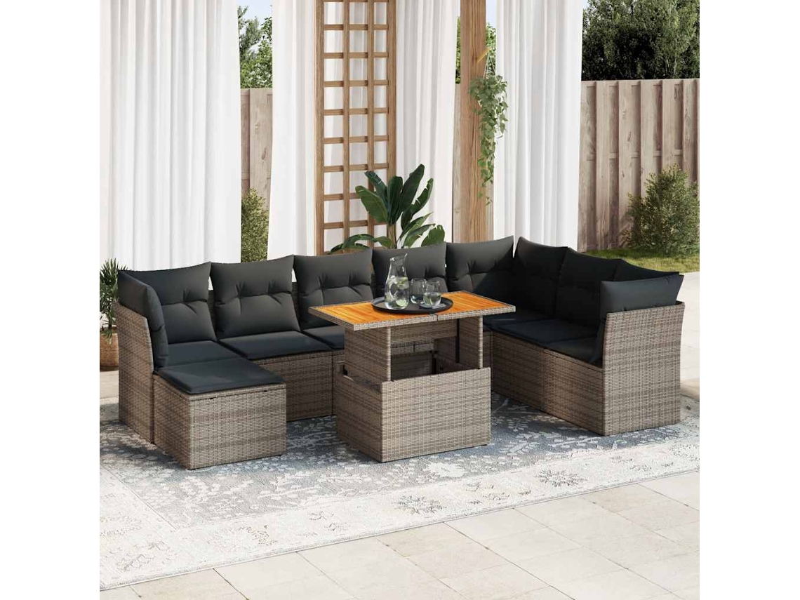 Vidaxl 9 Pcs Conjunto Sofás P/ Jardim Com Almofadões Vime Pe Cinzento