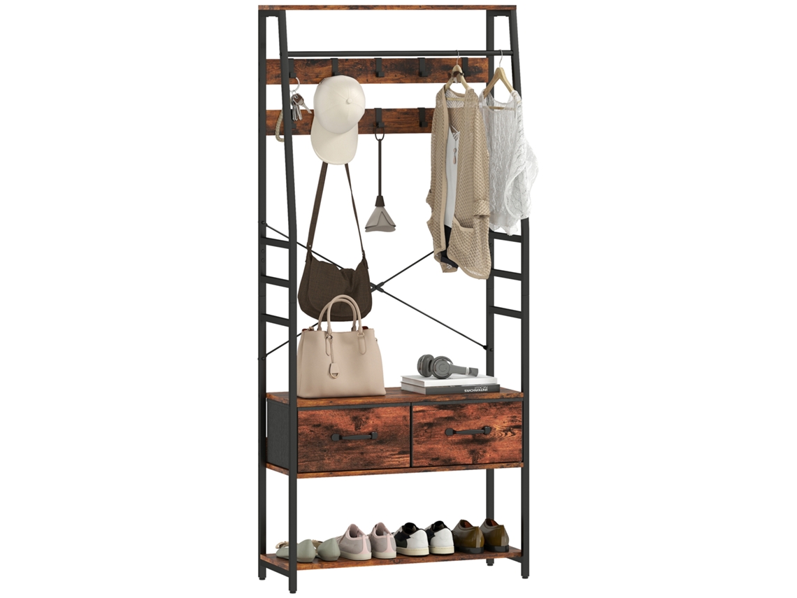 Guarda-roupa Com Sapateira, Cabideiro Com Banco, 10 Ganchos, 2 Gavetas De Tecido, Varão Para Roupas, Aglomerado, Metal, Marrom