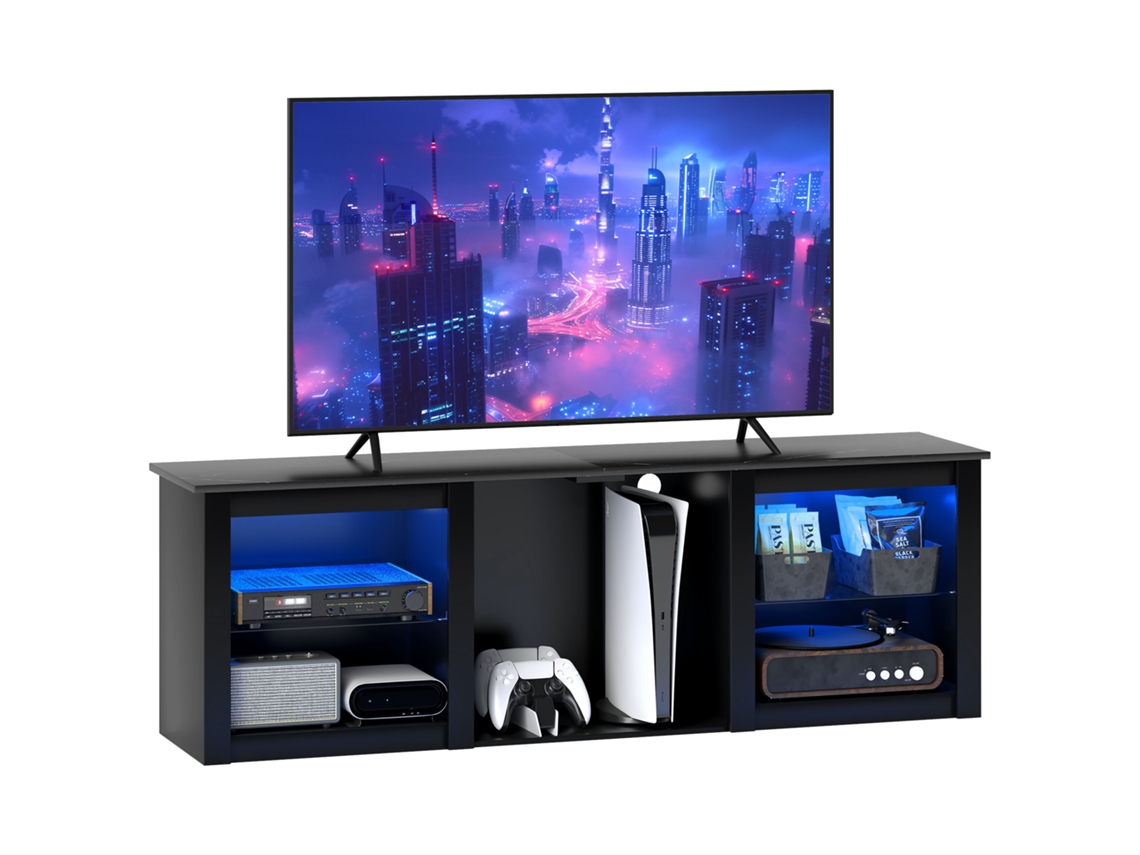 Suporte Tv Com Iluminação Led, Preto, Para Tv Até 65 Polegadas, Prateleiras Vidro Ajustáveis, 160cm