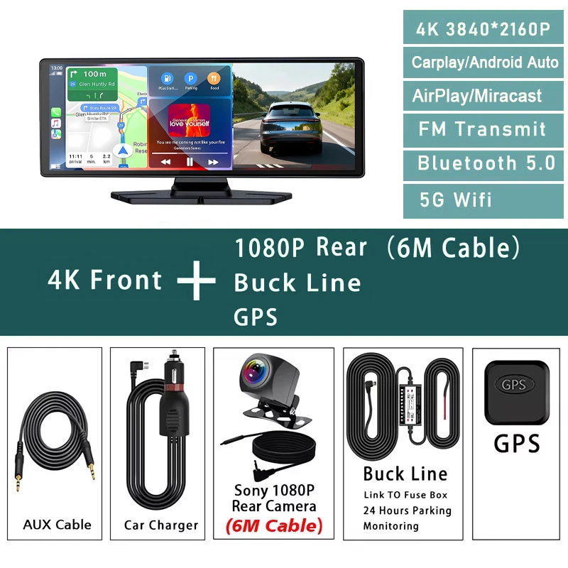 (bl-gps Traseiro De 6 Mp) Câmera Veicular 4k, Câmera De Lente Dupla De 10,26 Polegadas Com Carplay E Gps.