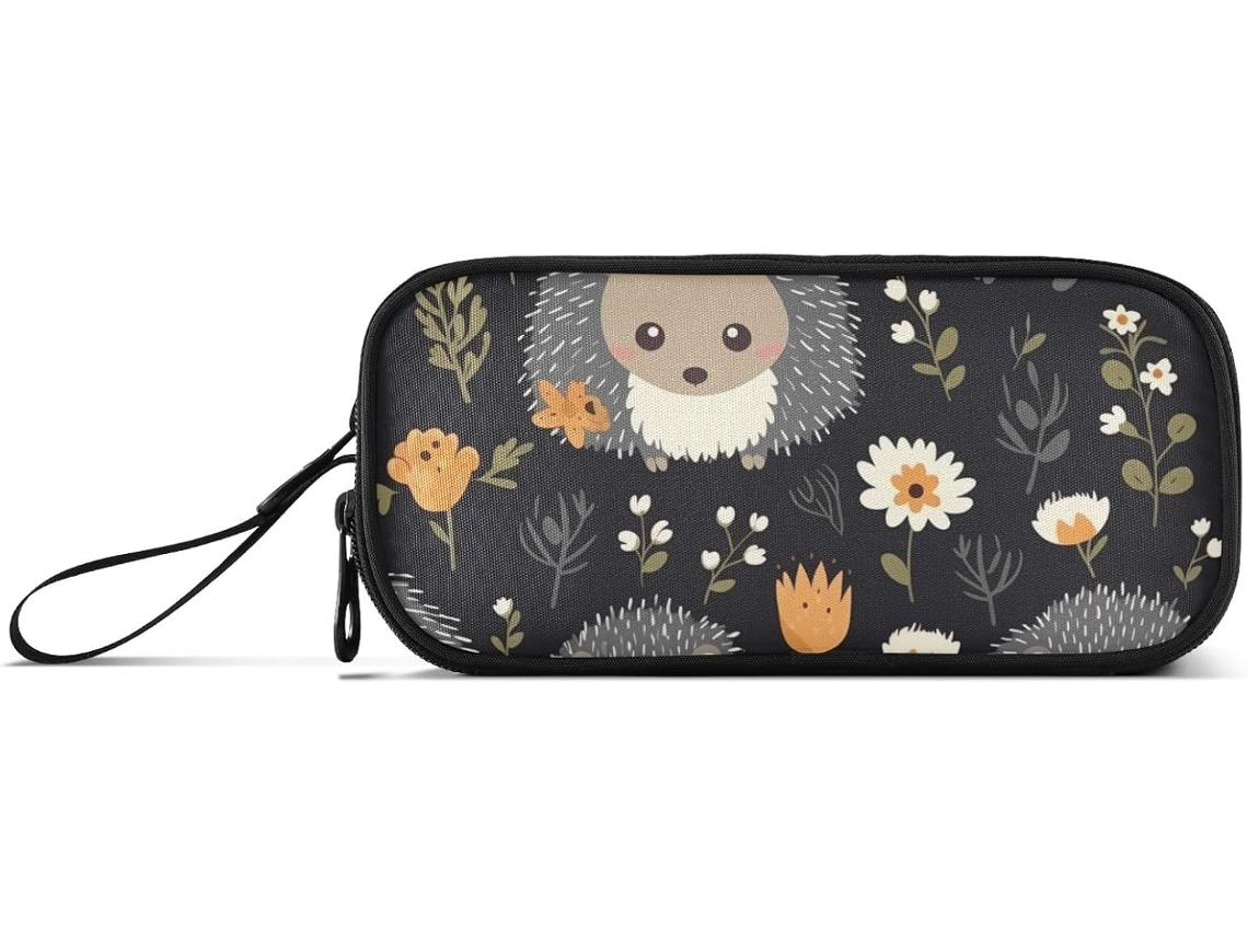 Estojo de Lápis Nylon com Estampa Ouriço cacheiro Cinza e Preto, Fofo Ideal para Meninas Adolescentes. 22,5 X