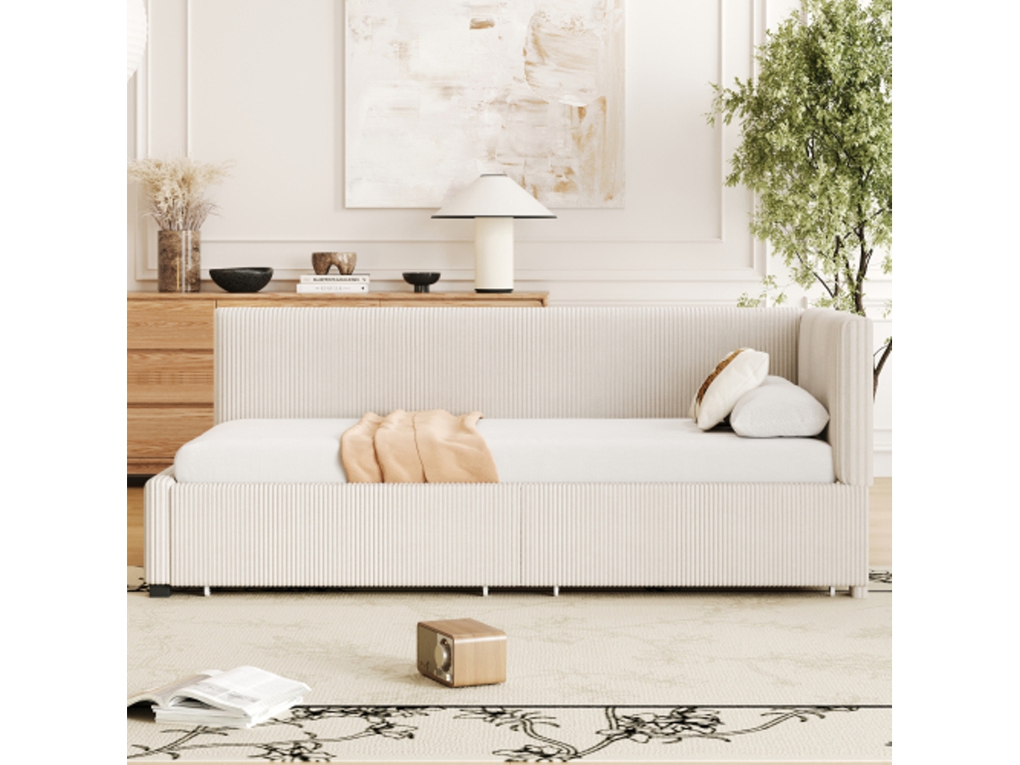 Sofá Cama Multifuncional 90x200cm Com 2 Gavetas De Armazenamento E Estofado Em Veludo Suave Bege Liptaptyn