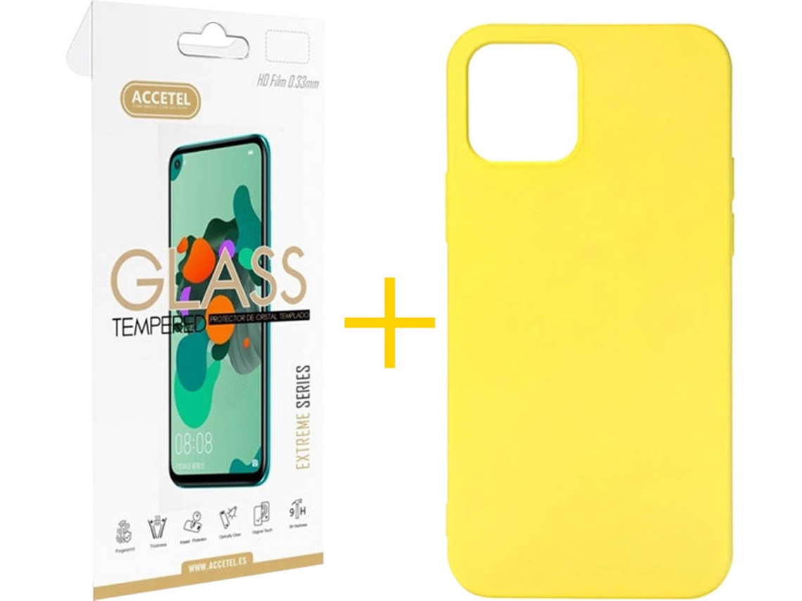 Kit Capa e Película Vidro 1X  iPhone 11 Accetel Silicone Amarelo