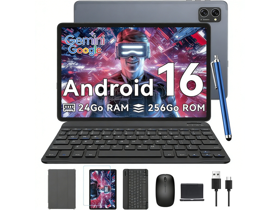 Tablet T20 10.1'' 24 GB + 256 GB SD 2TB, Android 16, AI Gemini 2.0, com Teclado, Capa, Stymet, Rato