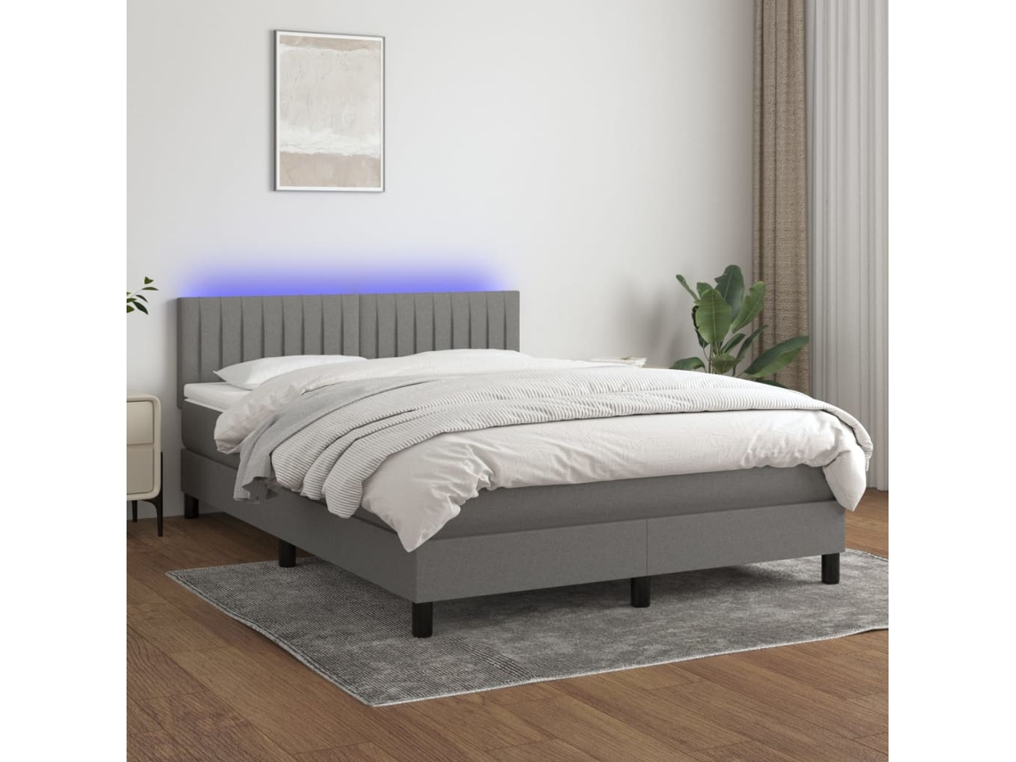 Vidaxl Cama Box Spring C/ Colchão E Led 140x190 Cm Tecido Cinza-escuro