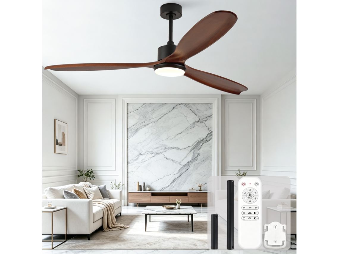 Ventilador De Teto 70 Polegadas Com 3 Pás Madeira Maciça, Motor Cc Baixa Voltagem, 3cct, Controle Remoto, Nogueira