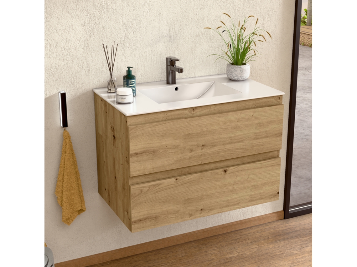Móvel Com Lavatório De Cerâmica, Móvel Montado Com 2 Gavetas, 80 X 55 X 46 Cm, Móvel Carvalho Bellobath