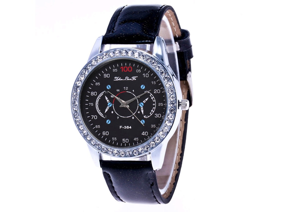 Relógio de pulso vintage Zhoulianfa com strass e pulseira de couro PU, cristal preto.