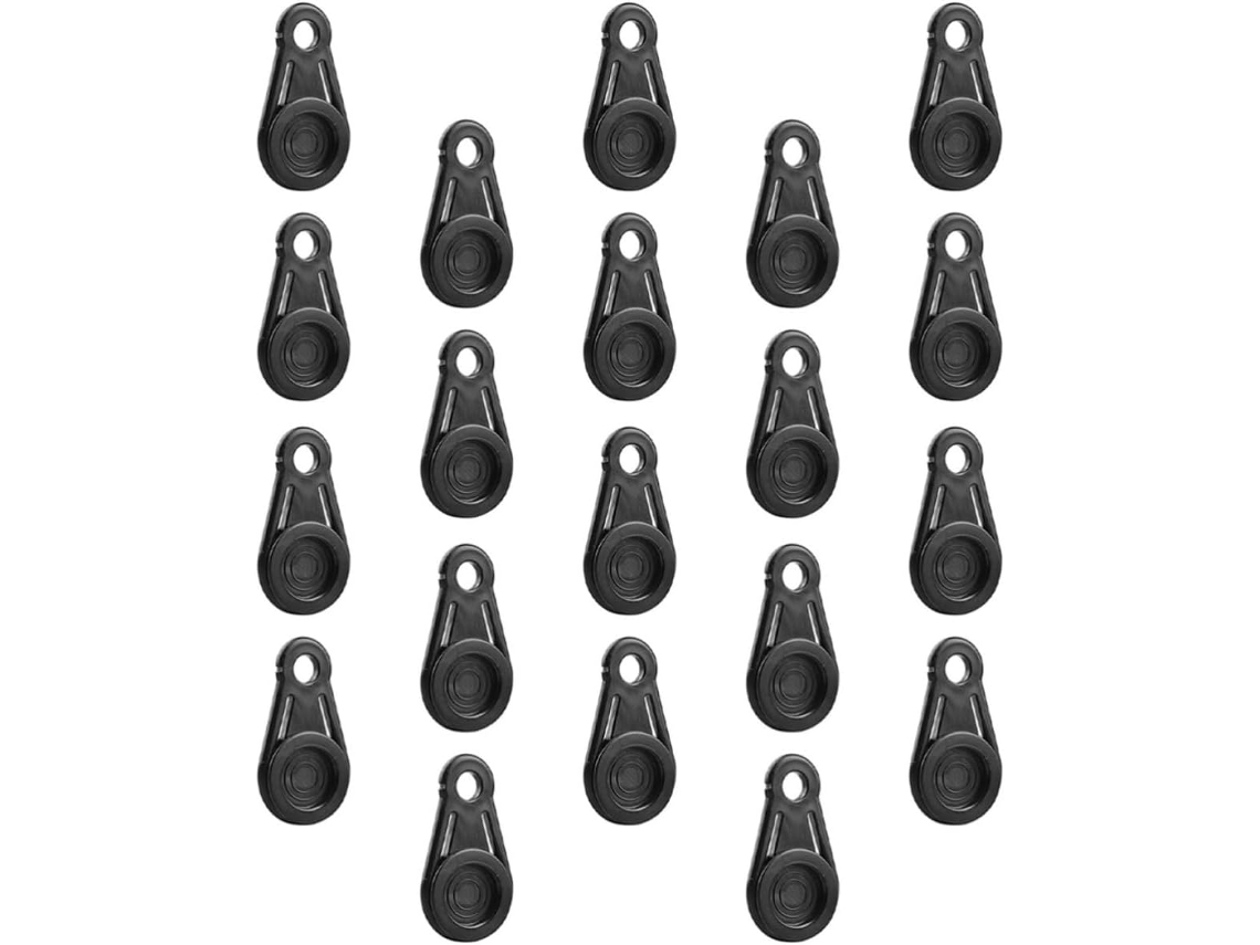 Conjunto de 16 clipes de fixação resistentes para tendas, em plástico preto.