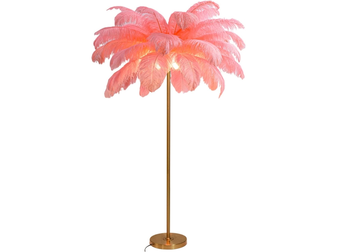 Luminária De Chão Com Penas Douradas 160cm Altura Para Sala Estar E Quarto Led G4 Regulável Leitura Rosa, Grande
