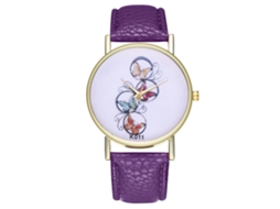 Relógio de Pulso Unissex de Quartzo com Pulseira de Couro Pu Padrão Borboleta Roxo