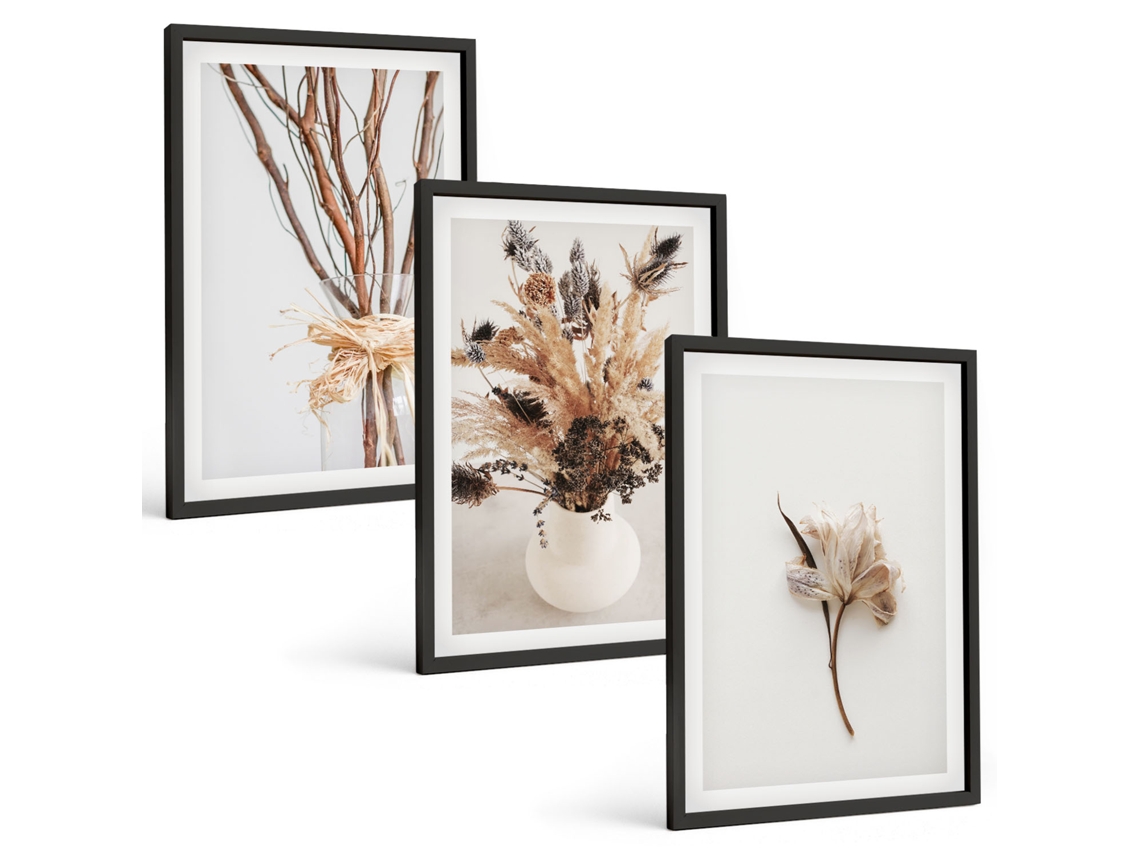 Composição De Quadros Na Parede Flores, Galhos, Minimalista Moldura Preta Quadros Para O Escritório Espelharte (3 Piezas De 40x60 Cm)