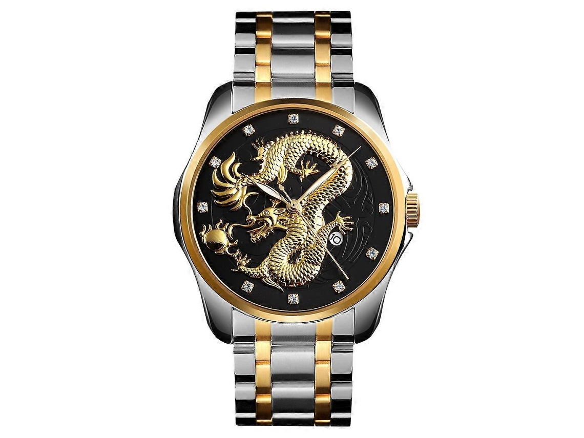 Relógio De Quartzo Skmei 9193 Masculino Com Padrão De Dragão Dourado, Calendário E Luminescência.