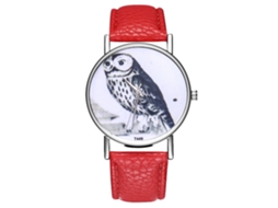 Relógio de pulso de couro elegante para mulheres e homens, com mostrador redondo e mecanismo de quartzo vermelho.