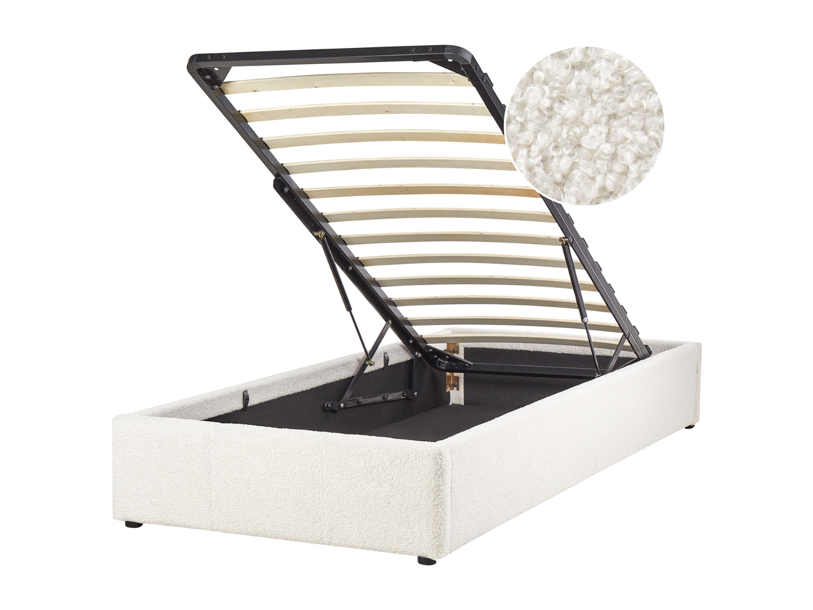 Sommier Estofado Sem Cabeceira E Arrumação Beliani Dinan De Bouclé Branco Creme 90x200