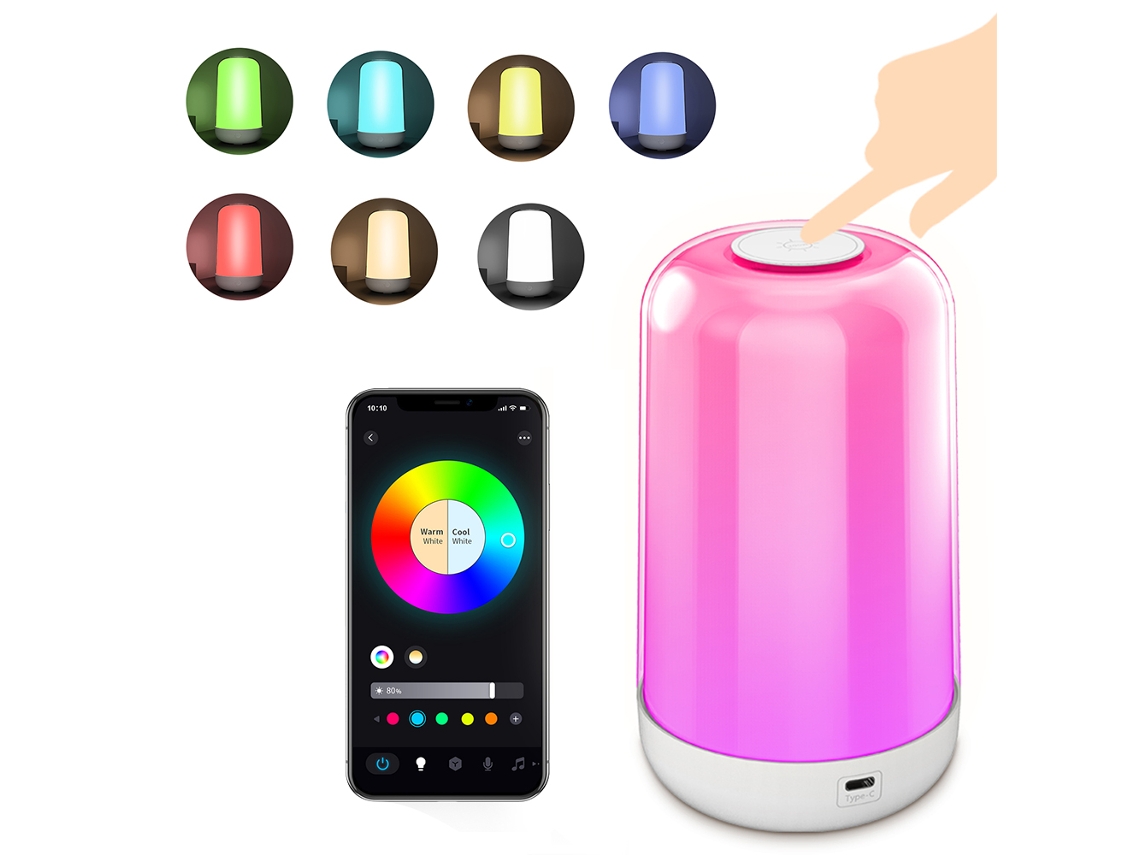 2026 lâmpada de Mesa de Noite Led Inteligente com 7 Cores, Controle Táctil e Bt, Recarregável 3600mah, Portátil para Dormitório e Sala de Estar