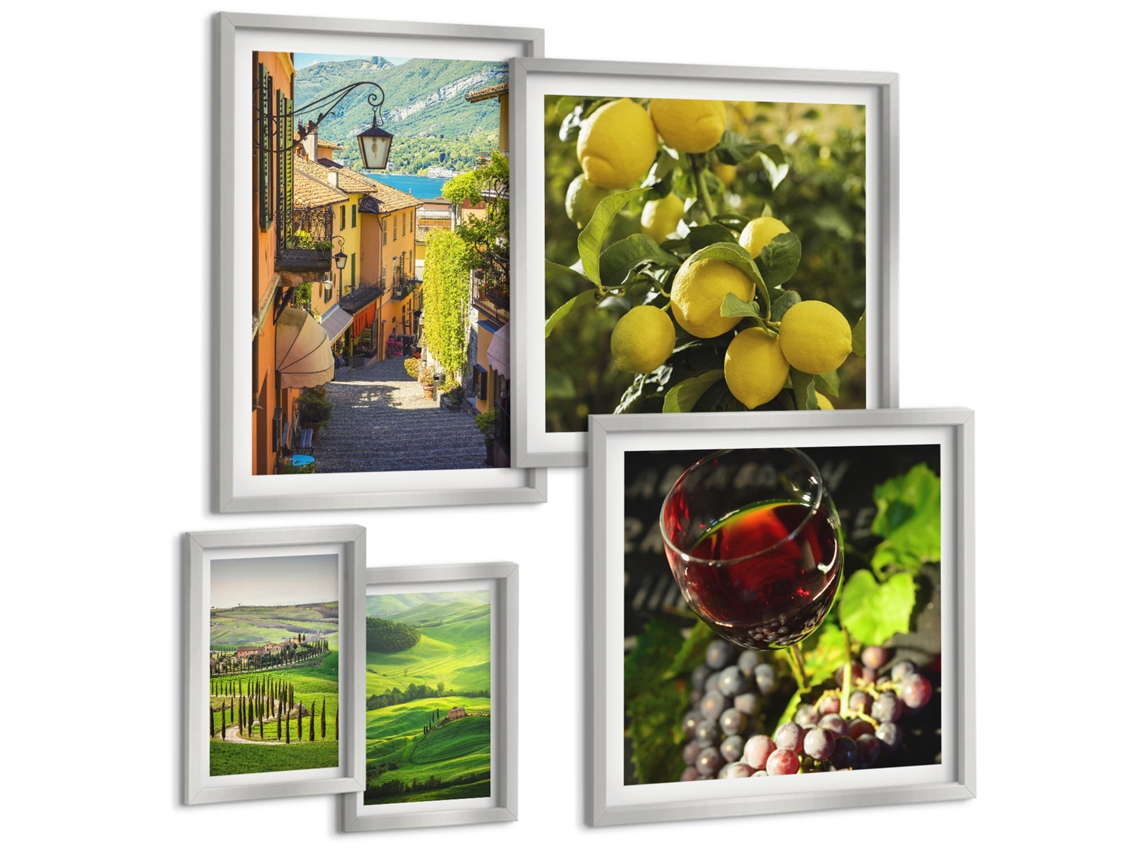 Conjunto De Pinturas Carros Clássicos Em Cidades Moldura Prateada Quadros Para A Sala De Estar Espelharte (conjunto De 5 Imagens)