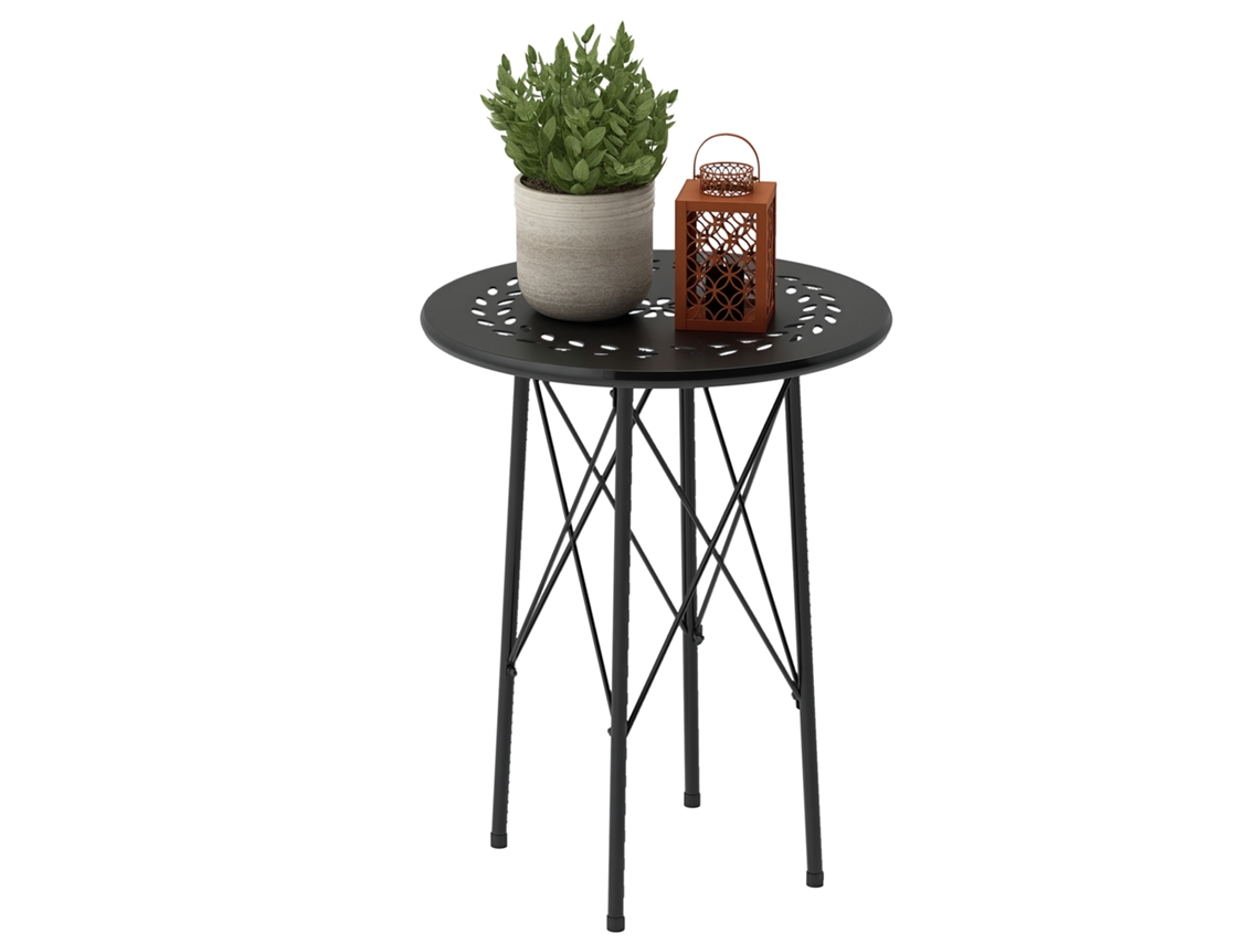Mesa de Centro de Jardim com Entalhes de Flores e Folhas. Mesa Externa e Interna. Ø40x50 Cm. Preto Ge