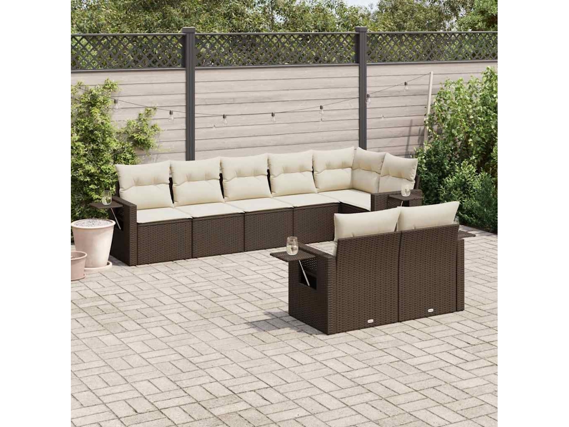 Vidaxl 8 Pcs Conjunto Sofás De Jardim C/ Almofadões Vime Pe Castanho