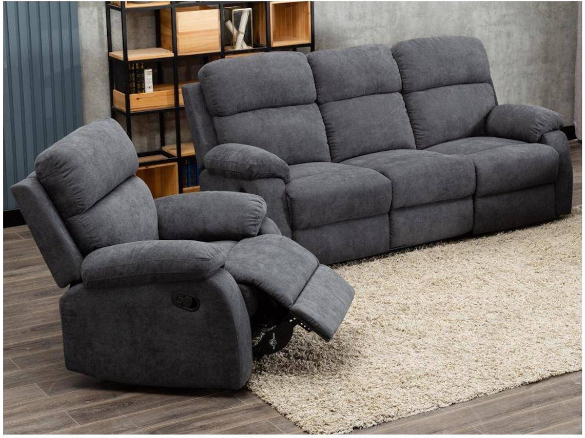Conjunto Sofá e Poltrona Relax Tolzano VENTE-UNIQUE.PT (Cinza Antracite - Tecido e Veludo - 201x96x100 cm)