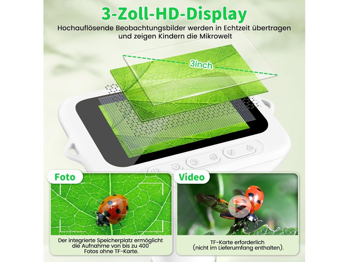 Microscópio Infantil Com Ecrã 3" 1080p, 1000x E Luz Ajustável - Branco - Eifson