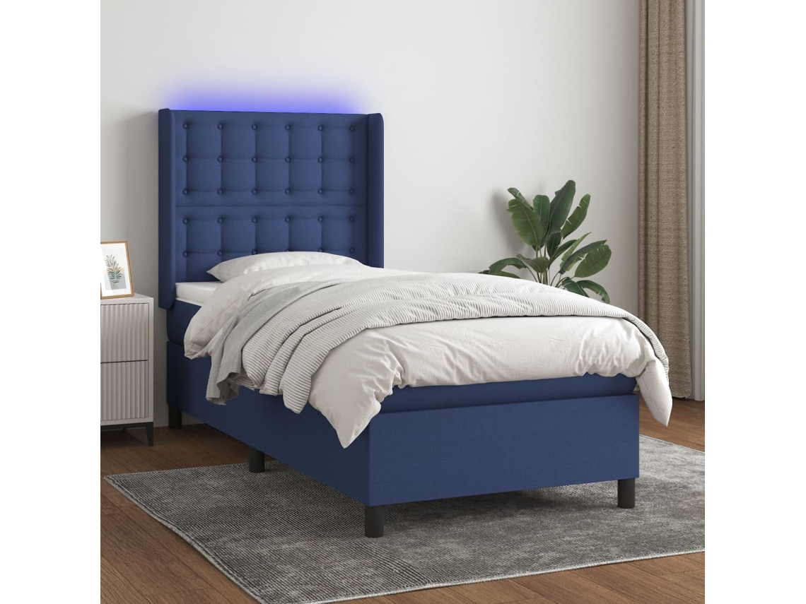 Vidaxl Cama Box Spring C/ Colchão E Led 90x200 Cm Tecido Azul