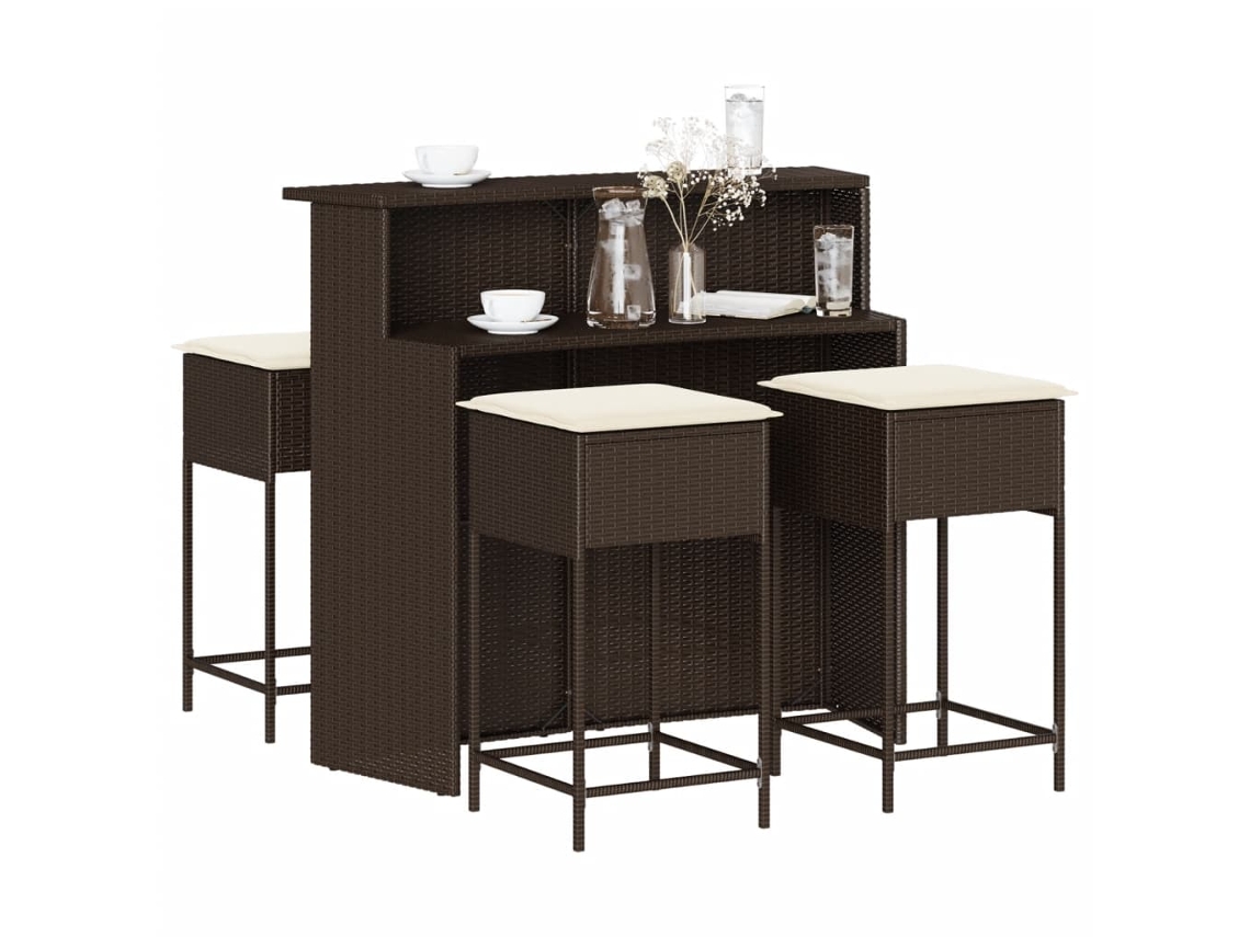 Vidaxl 5 Pcs Conjunto de Bar P/ Jardim C/ Almofadões Vime Pe Castanho