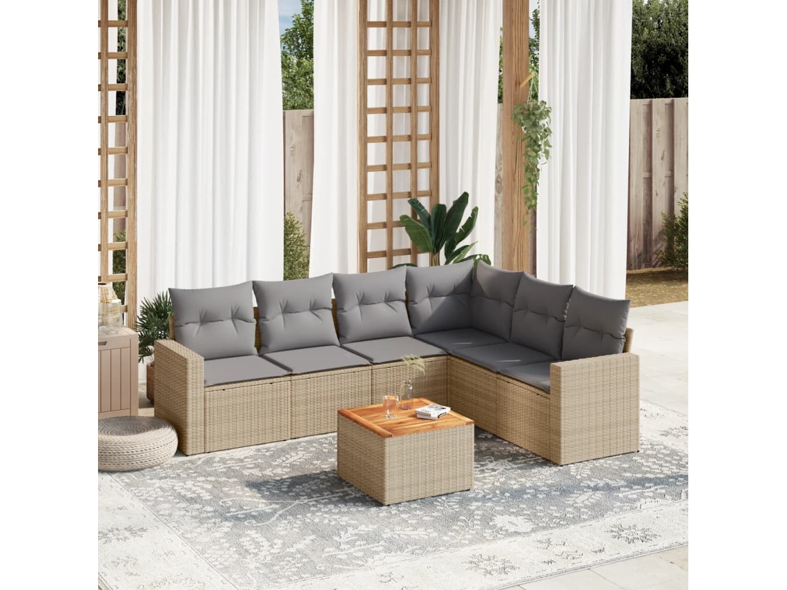 Vidaxl 7 Pcs Conjunto De Sofás P/ Jardim Com Almofadões Vime Pe Bege
