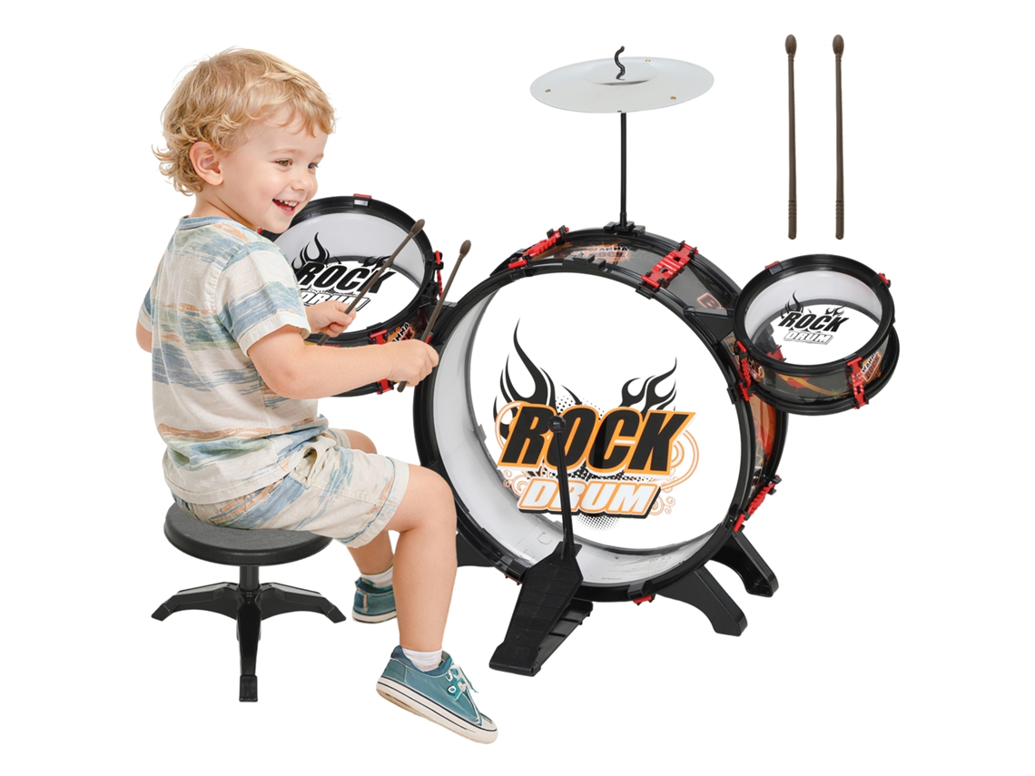 Bateria Infantil De Brinquedo Com Banquinho, Jogo Musical Para 3-6 Anos, Incluindo Bumbo, Pratos E Baquetas Pretas.