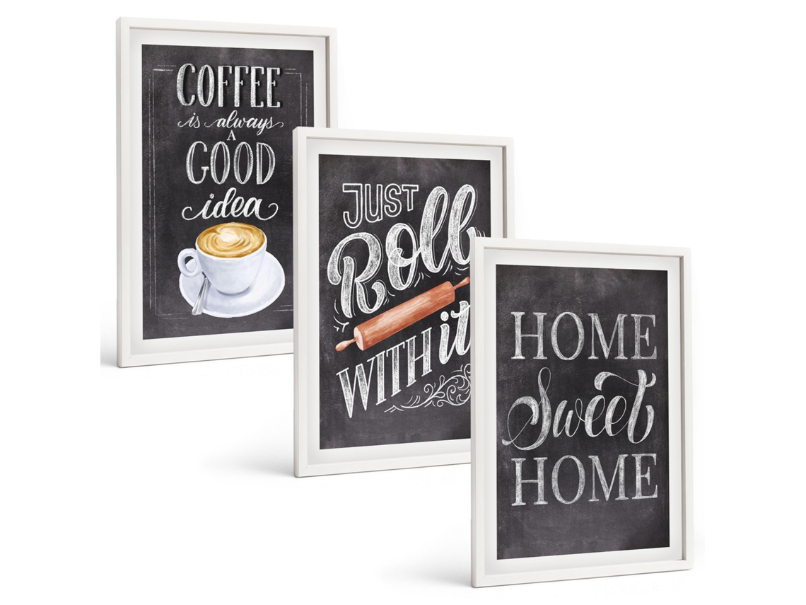 Pinturas Murais Modernas Café, Rolo, Aconchego Do Lar Moldura Branca Quadros Para A Sala De Estar Espelharte (3 Piezas De 40x60 Cm)