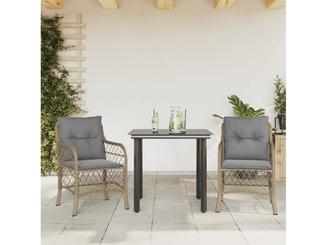 Vidaxl 3 Pcs Conjunto Bistrô Com Almofadões Vime Pe Bege Misturado
