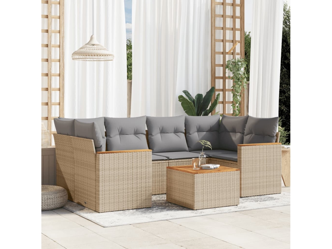 Vidaxl 7 Pcs Conj. Sofás Jardim C/ Almofadões Vime Pe Bege Misturado