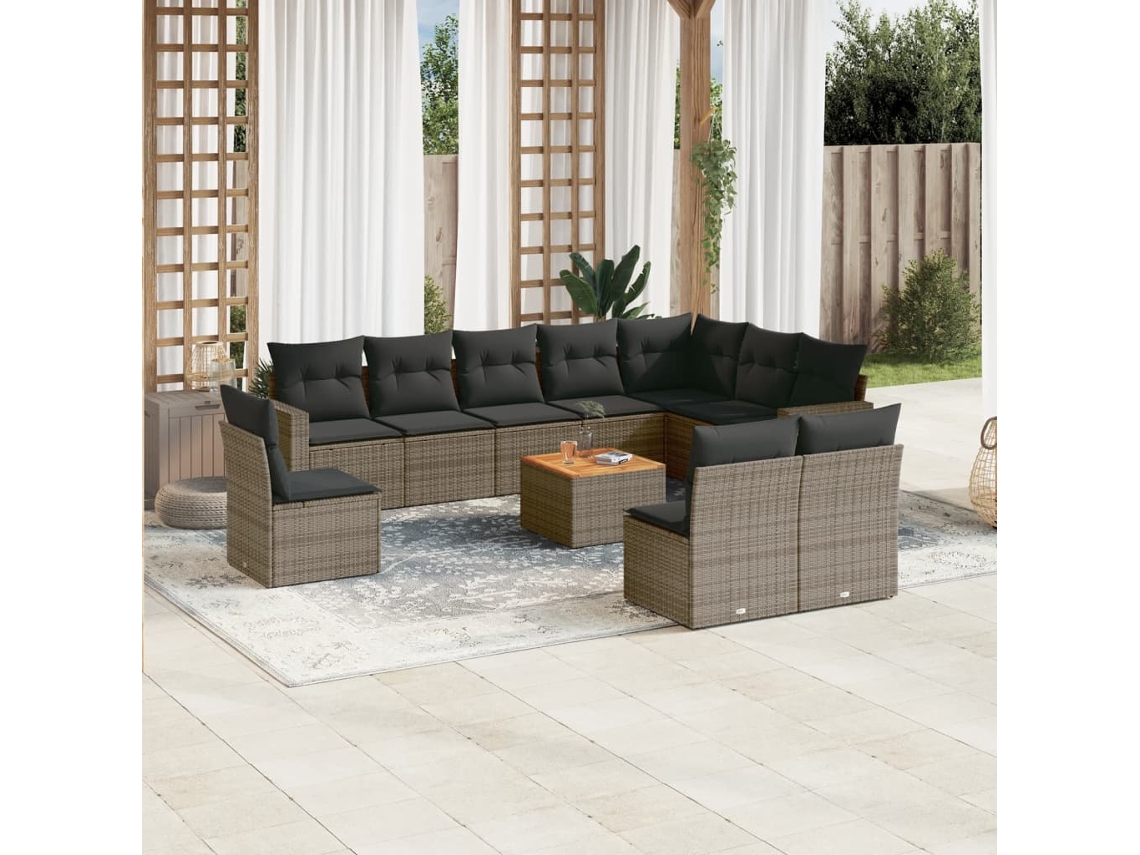Vidaxl 11 Pcs Conjunto Sofás De Jardim C/ Almofadões Vime Pe Cinzento