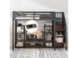 Cama Alta 90x200 Cm Com Suporte Para Tv, Tomada E Escada De Segurança, Estrutura Metal/madeira, Espaço De Armazenamento, Preta