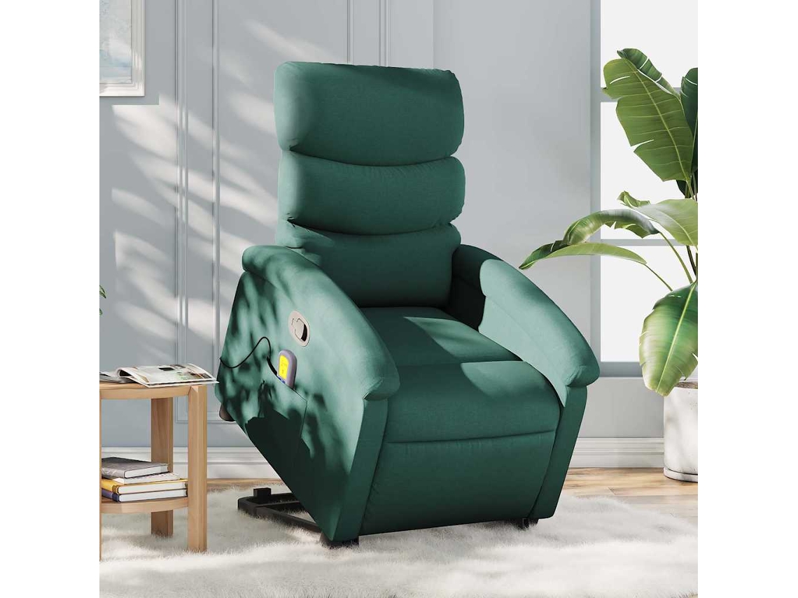 Vidaxl Poltrona Reclinável Elevatória De Massagens Tecido Verde-escuro