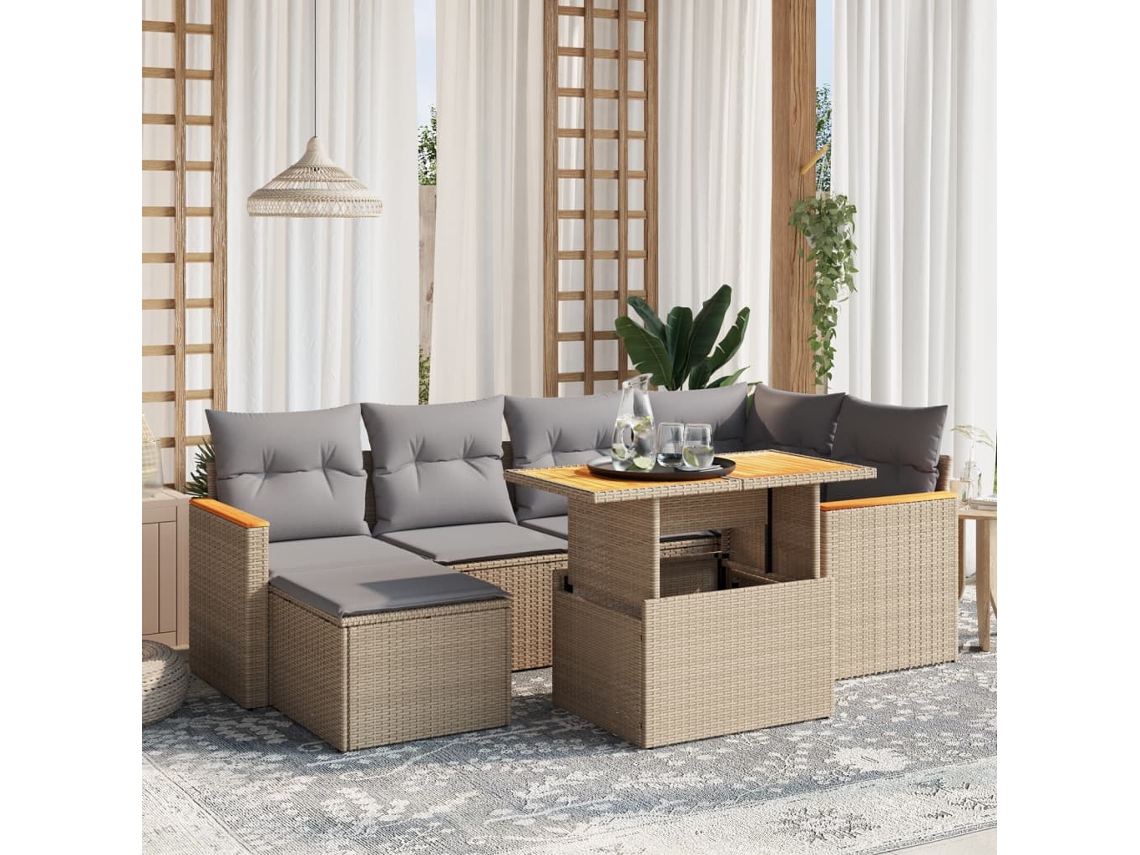 Vidaxl 7 Pcs Conjunto De Sofás P/ Jardim Com Almofadões Vime Pe Bege