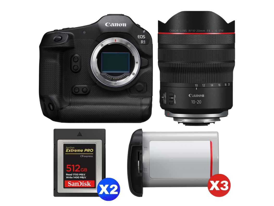 Eos R1 + Rf 10 20mm F/4 L Is Stm + 2 Sandisk 512gb Extreme Pro Cfexpress Type B + 3 Canon Lp e19 + Ebook “20 Dicas para Fotos Que Impressionam” CANON
