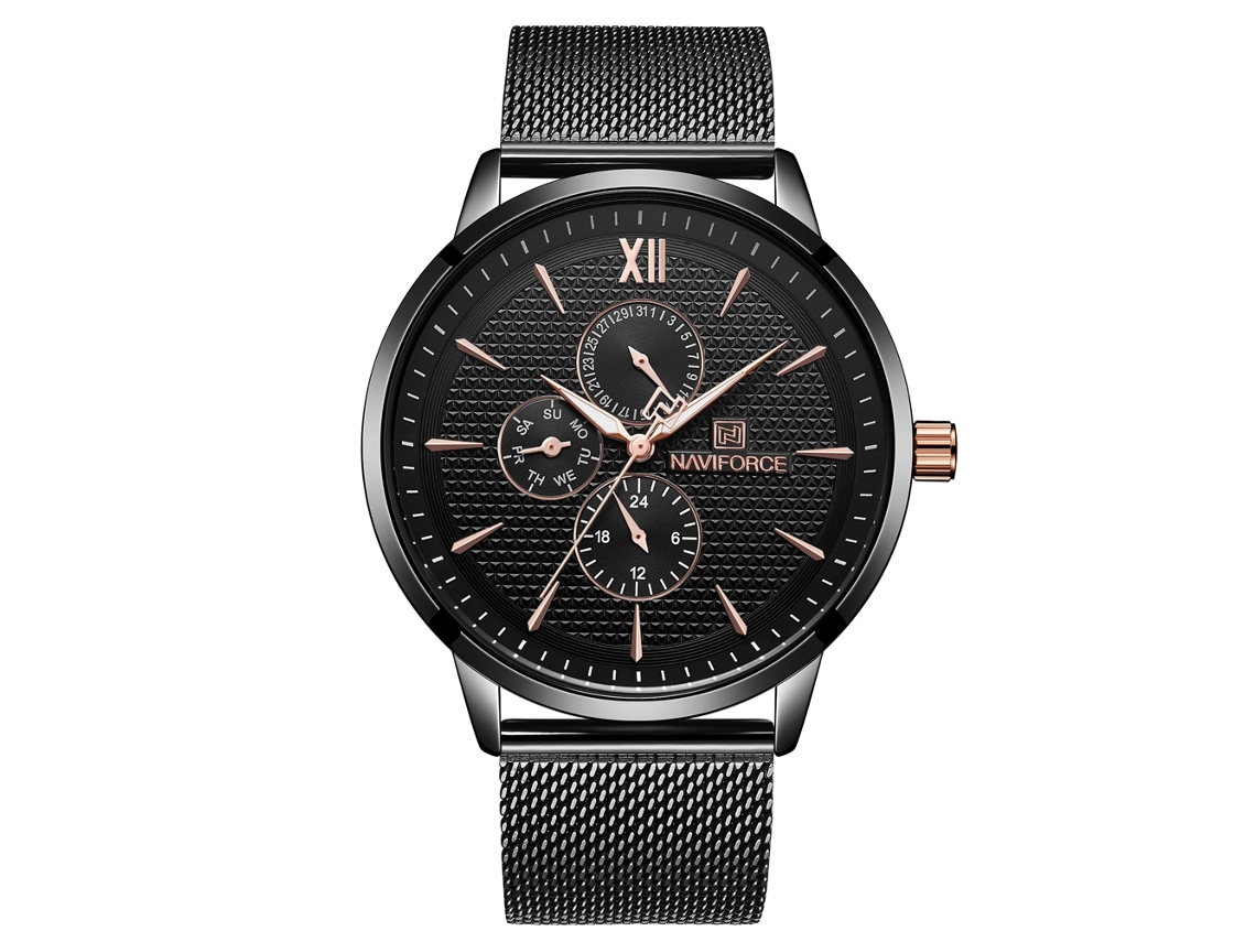 Relógio masculino de quartzo com pulseira de aço, mostrador de três mostradores, à prova d'água, moderno (preto)