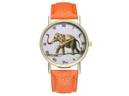 Relógio de quartzo com pulseira de couro PU, estampa de elefante moderna e numerais romanos laranja.