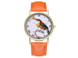 Relógio de quartzo unissex Zhoulianfa com pulseira de couro PU e mostrador com desenho de pássaro (laranja)