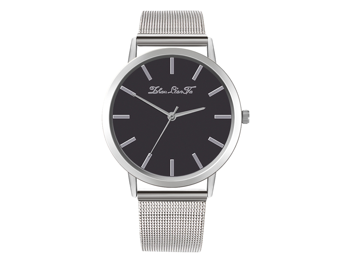 Relógio Analógico de Quartzo com Pulseira de Malha Simples Casual para Presente (prata+preto)