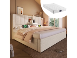 Cama Estofada De Casal 140x200cm Com Porta-copos Embutido E Estação De Carregamento, Cama Hidráulica Com Espaço De Armazenamento Embaixo,com Colchão