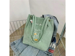 Bolsa de Ombro Dobrável Veludo Cotelê com Bordado Urso Desenho Animado para Mulheres, Grande e Ecológic a Compras. GOKOCO