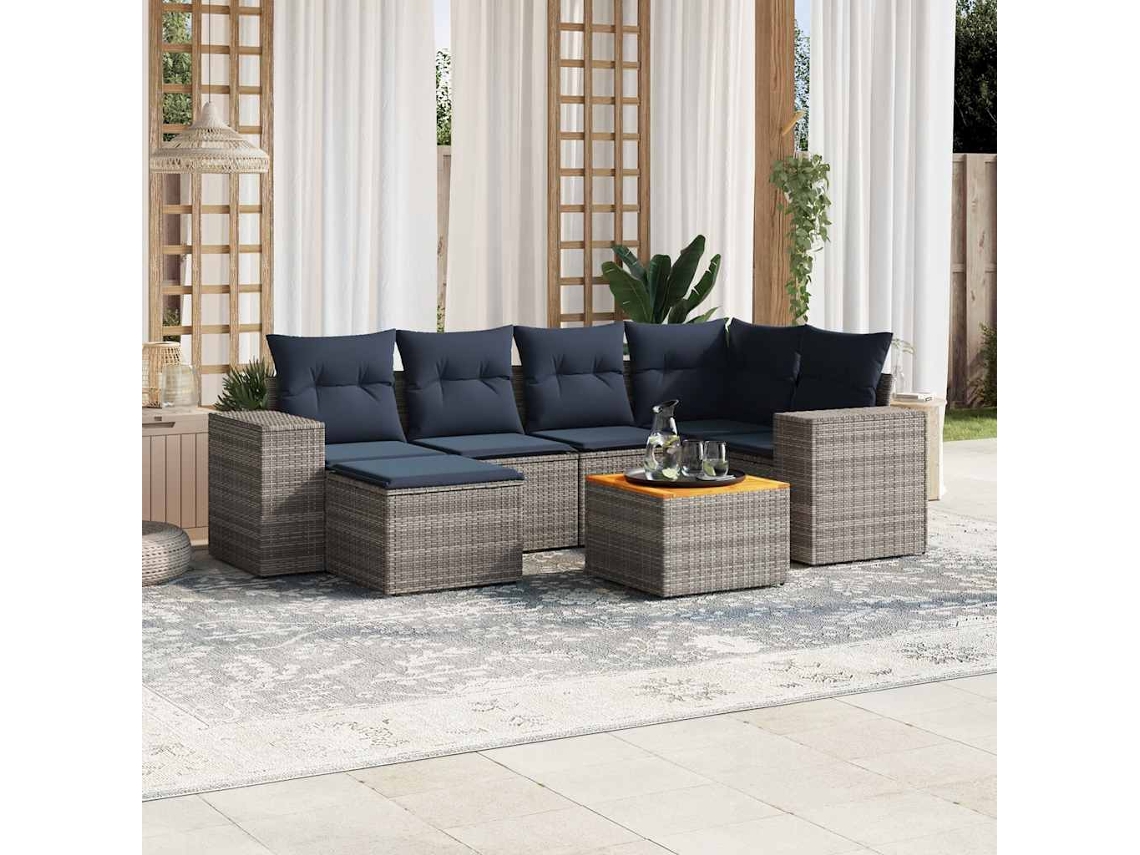Vidaxl Conjunto De Sofá De Jardim Com 7 Peças E Almofadas Em Rattan Sintético Cinza