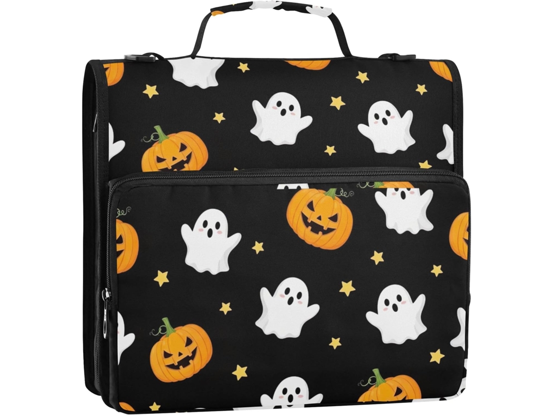 Pasta De 3 Argolas Com Estampa Fantasma Branco Fofo Halloween, Pasta Preta Com Zíper, Organizador Com Vários Bolsos