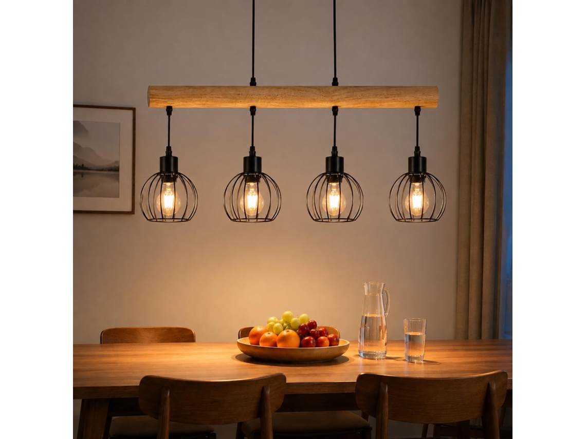 Candeeiro Suspenso Vintage Industrial Metal Casquilho E27 4 Luzes Preto Ideal para Sala de Jantar e Sala de Estar Lâmpadas Não Incluídas ZMH